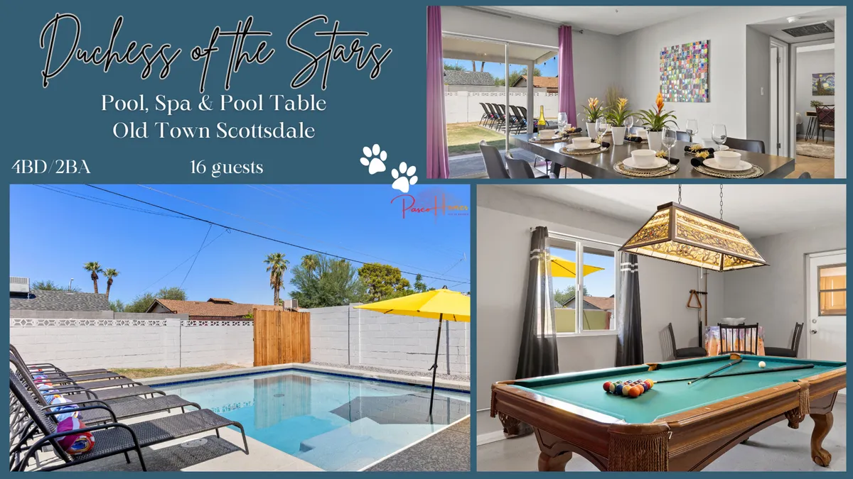 An exterior scene featuring a swimming pool, shaded dining area, and visible pool table, set against colorful artwork. The space is alive with opportunities for outdoor fun, dining, and games, inviting guests to socialize and enjoy yard activities under the sun.